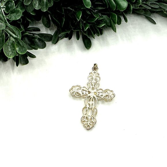 Vintage Silver-Tone Filigree Cross Pendant With Rhinestones - Picture 4 of 6
